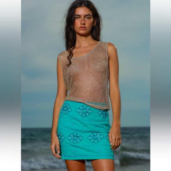 Zara beaded mini skirt high waisted turquoise nwt - Picture 1 of 11